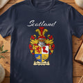 Navy MacKintosh family shield T-shirt featuring a quartered red, gold and blue shield