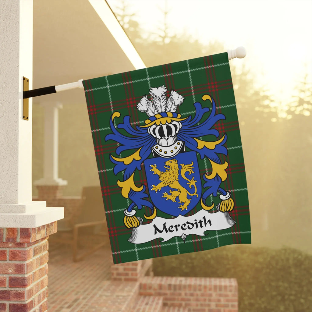 Meredith family crest on a green tartan flag.