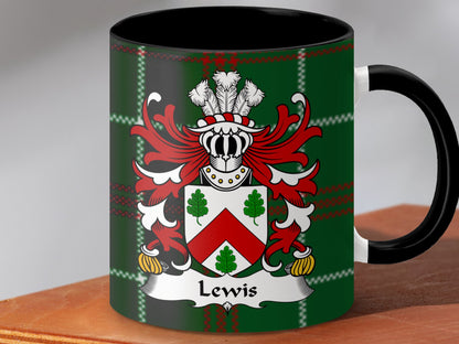 Lewis Surname Coat of Arms on Welsh Tartan Background Mug - Living Stone Gifts