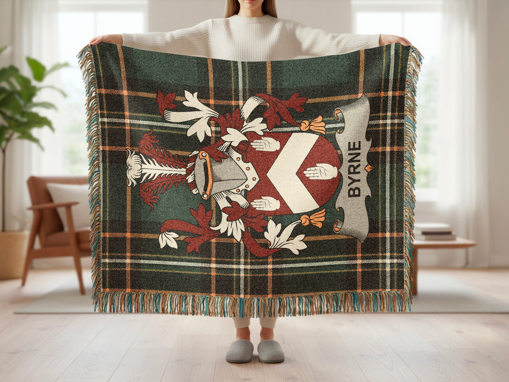 Byrne family shield emblem woven throw with fringed edges