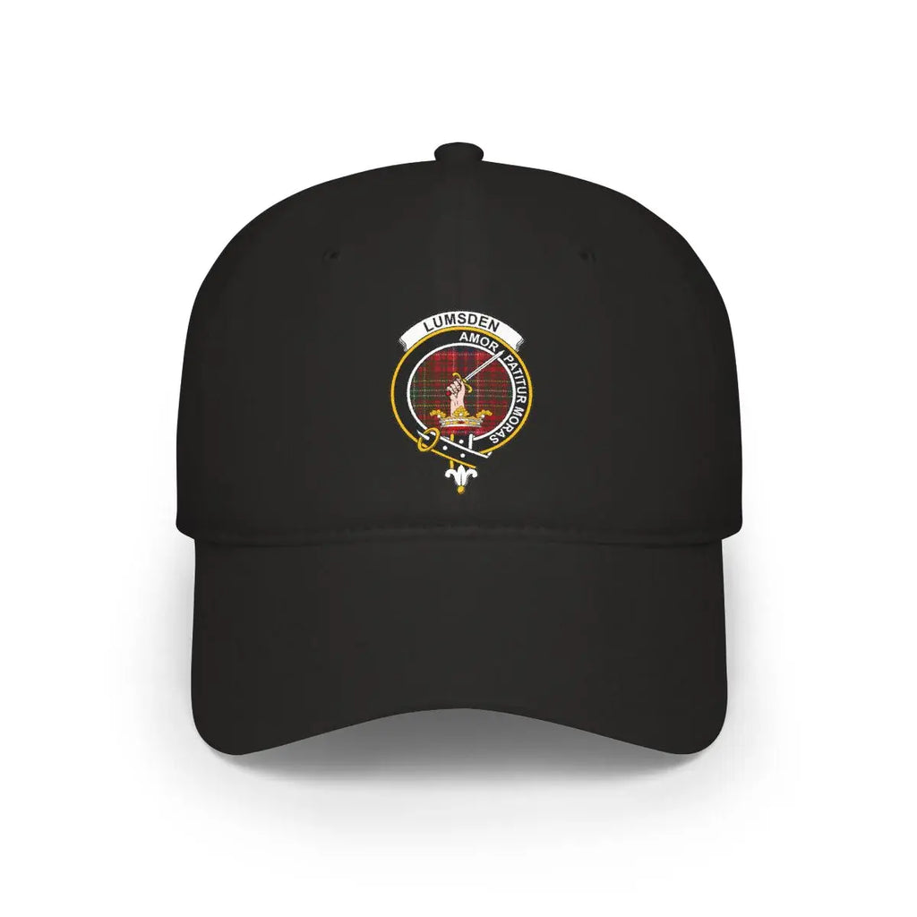 Clan Lumsden tartan crest cap — black, printed Amor Patitur Moras clan crest, low-profile cotton