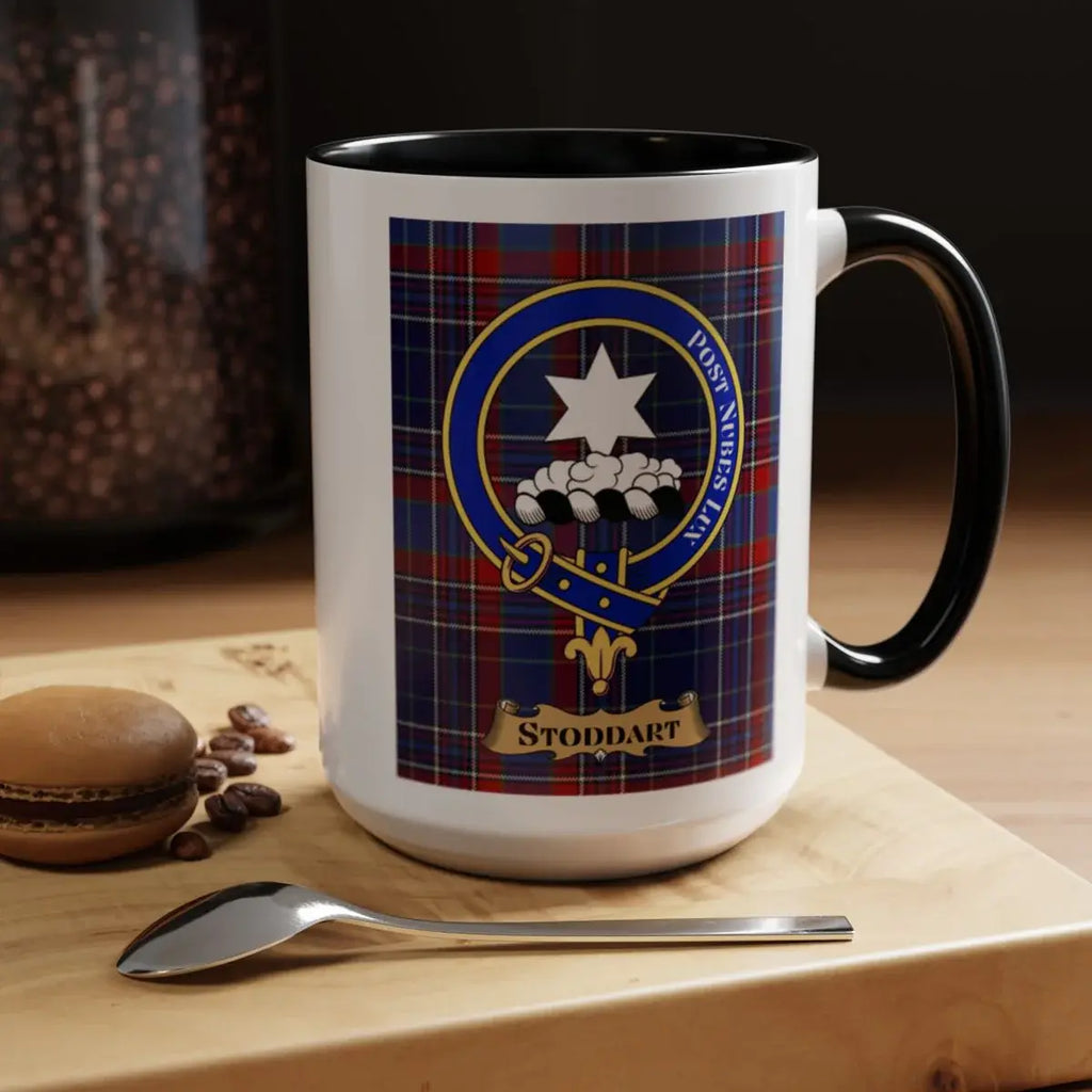 Close-up of the Stoddart clan crest printed on a ceramic mug
