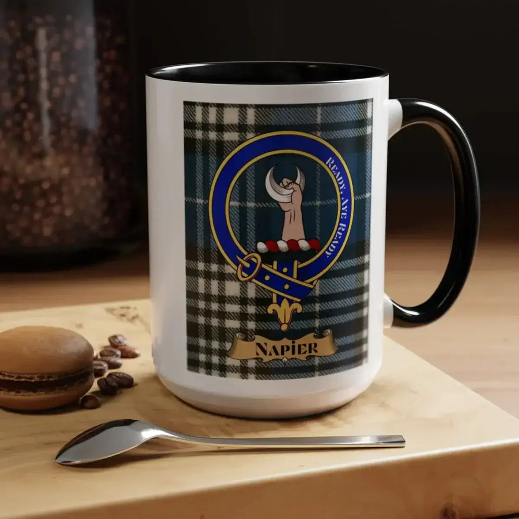 Clan Napier crest mug with navy handle — 15oz Scottish heritage ceramic