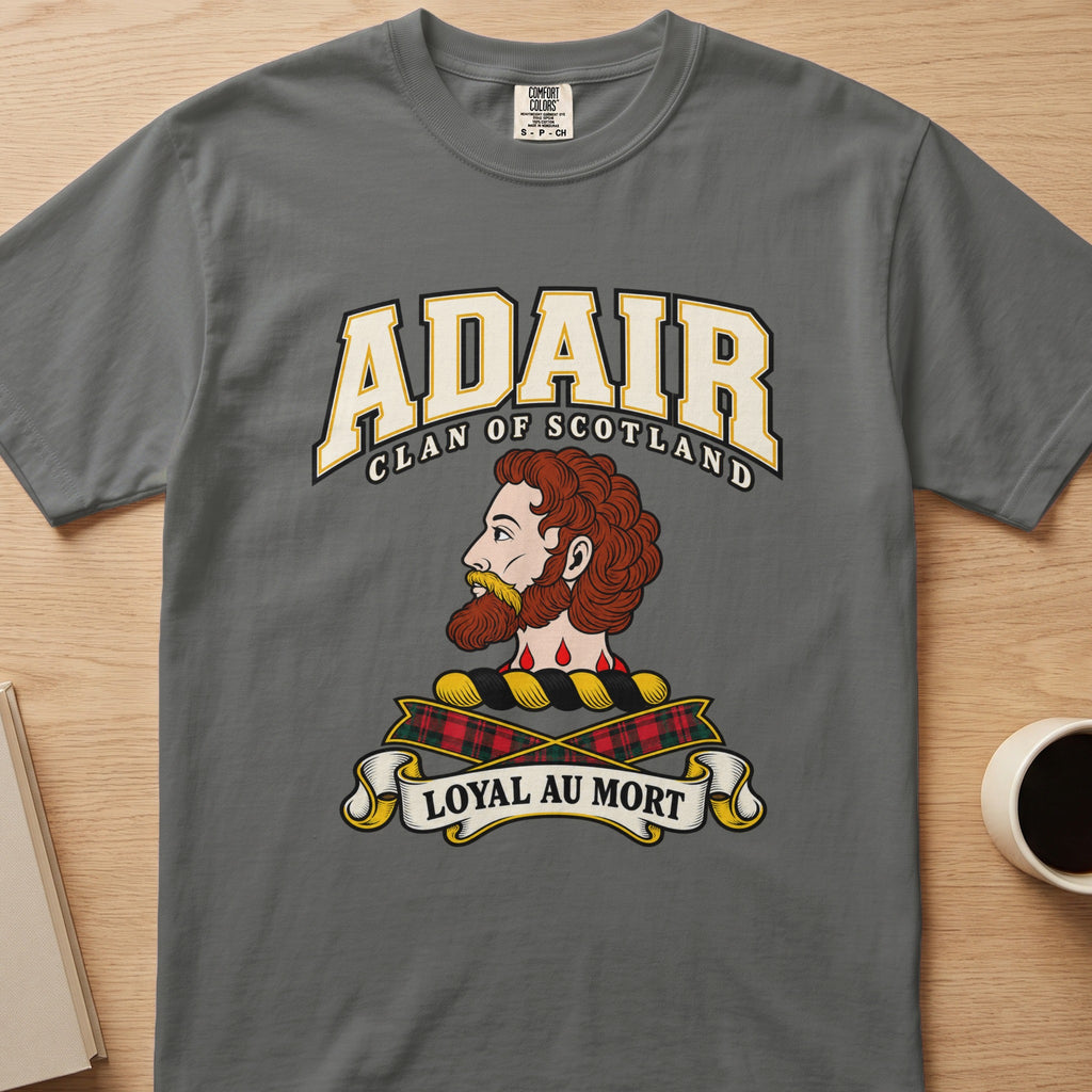 Adair bearded profile crest and tartan ribbons graphic on a charcoal gray Comfort Colors T-shirt, front view