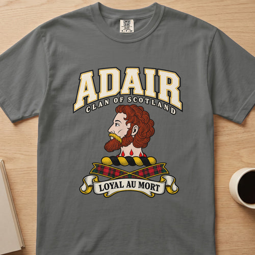 Charcoal gray t-shirt featuring the Adair Clan of Scotland crest with the motto Loyal Au Mort.