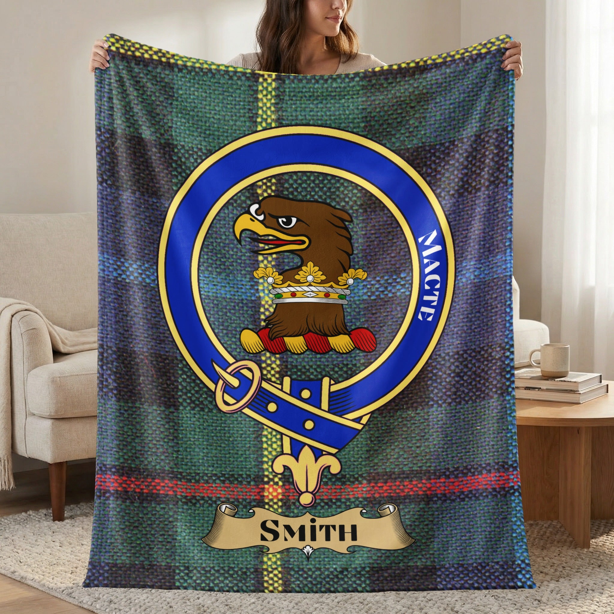 Smith clan crest tartan throw blanket with eagle crest — 50x60 polyester