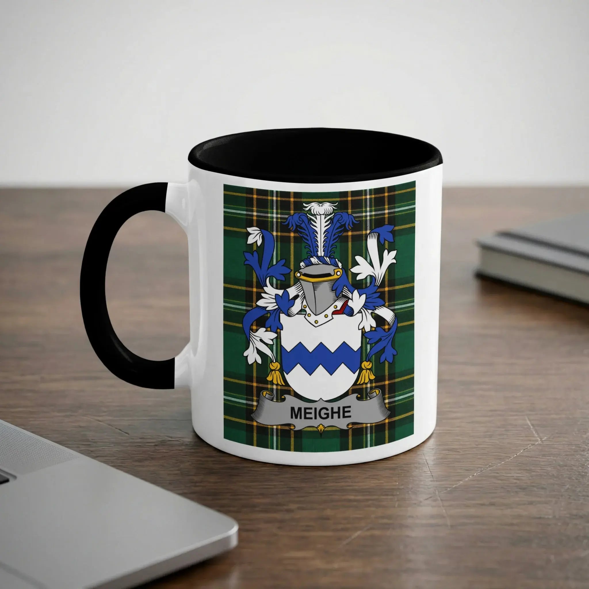 Meighe Irish heritage mug with black handle and family crest