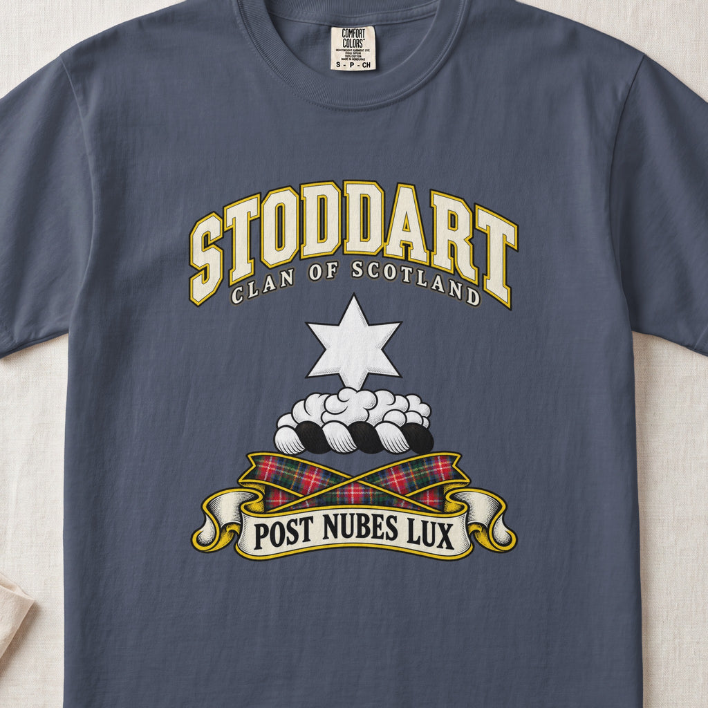 Stoddart Scottish clan T-shirt in Midnight, front view with a white six-pointed star above clouds and motto design.