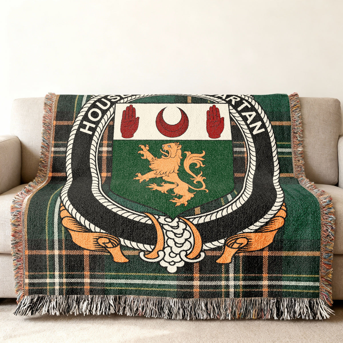 MacCartan Irish National Tartan woven blanket displayed on a sofa