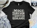 Black t-shirt with "Midgie Survivor Scottish Highlands" text and thistle designs.