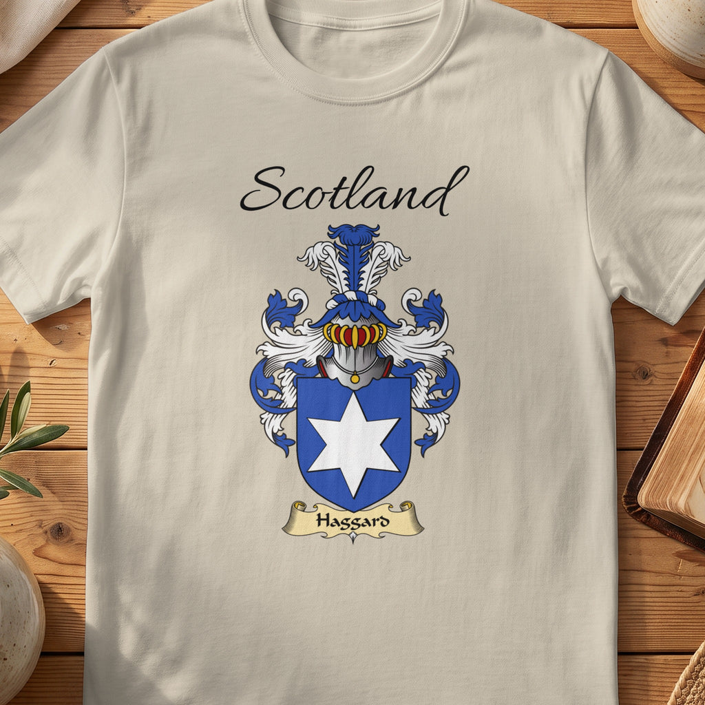 Sand Hassard Scottish family shield T-shirt featuring a large white six-pointed star on blue