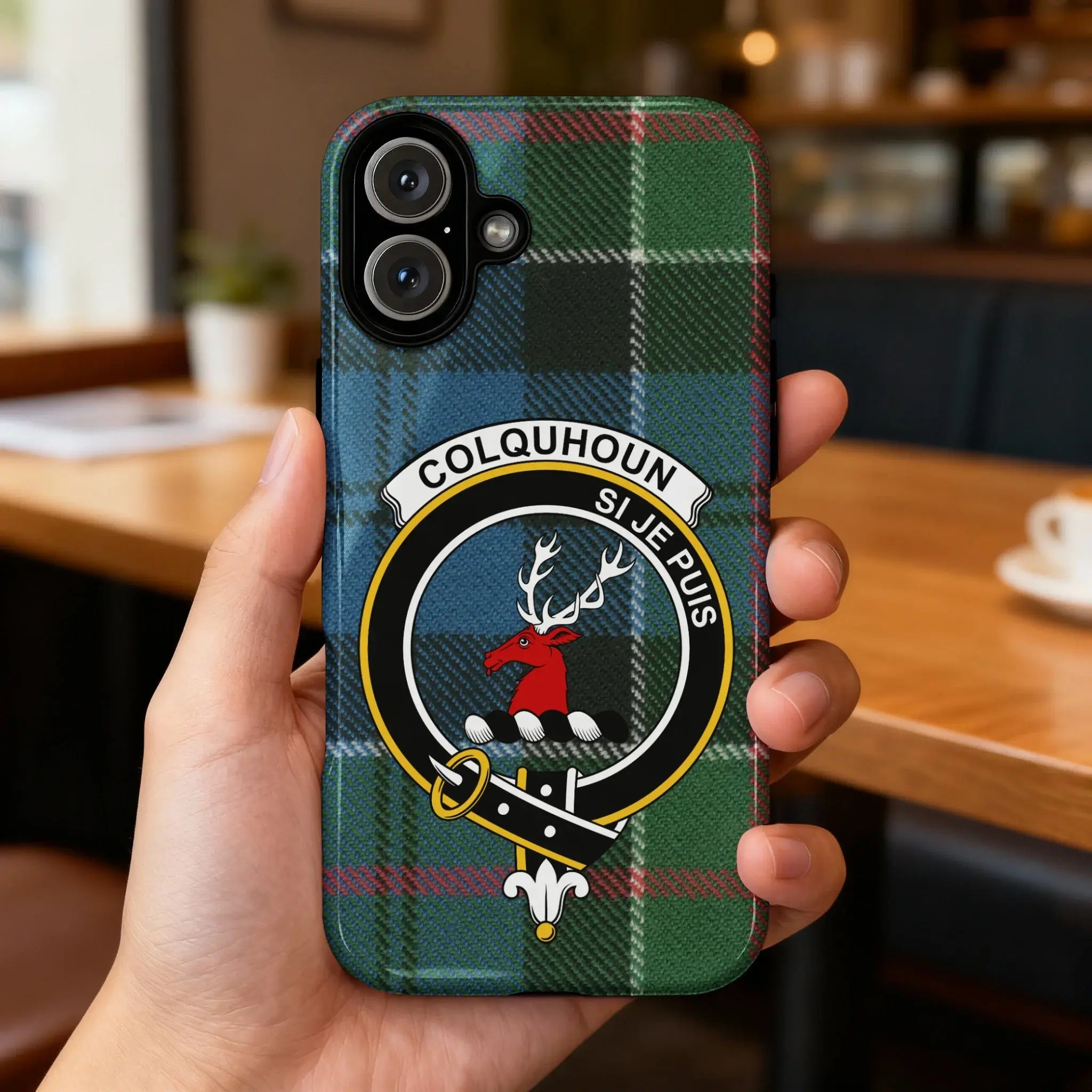 Colquhoun clan tartan crest phone case — slim profile, precise port cutouts, gloss finish