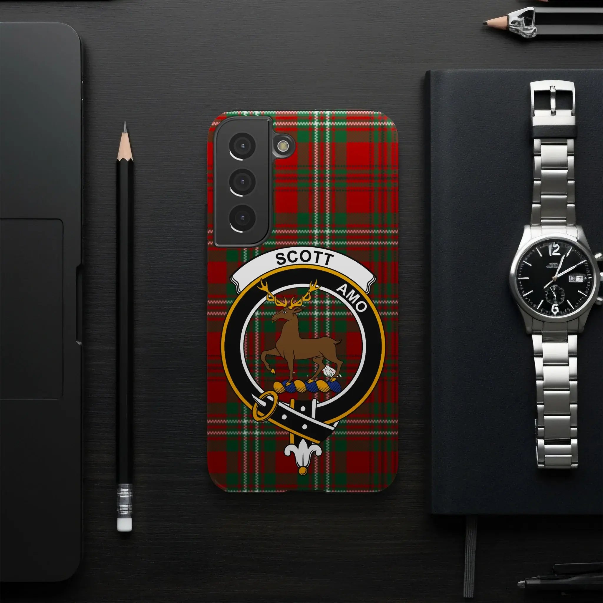 Scott amo clan crest tartan phone case — red and green plaid, Samsung variant