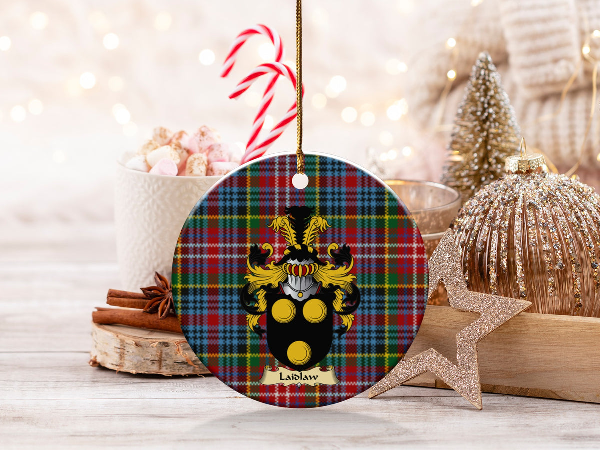 Double-sided Laidlaw ceramic ornament with family shield and Caledonia tartan background