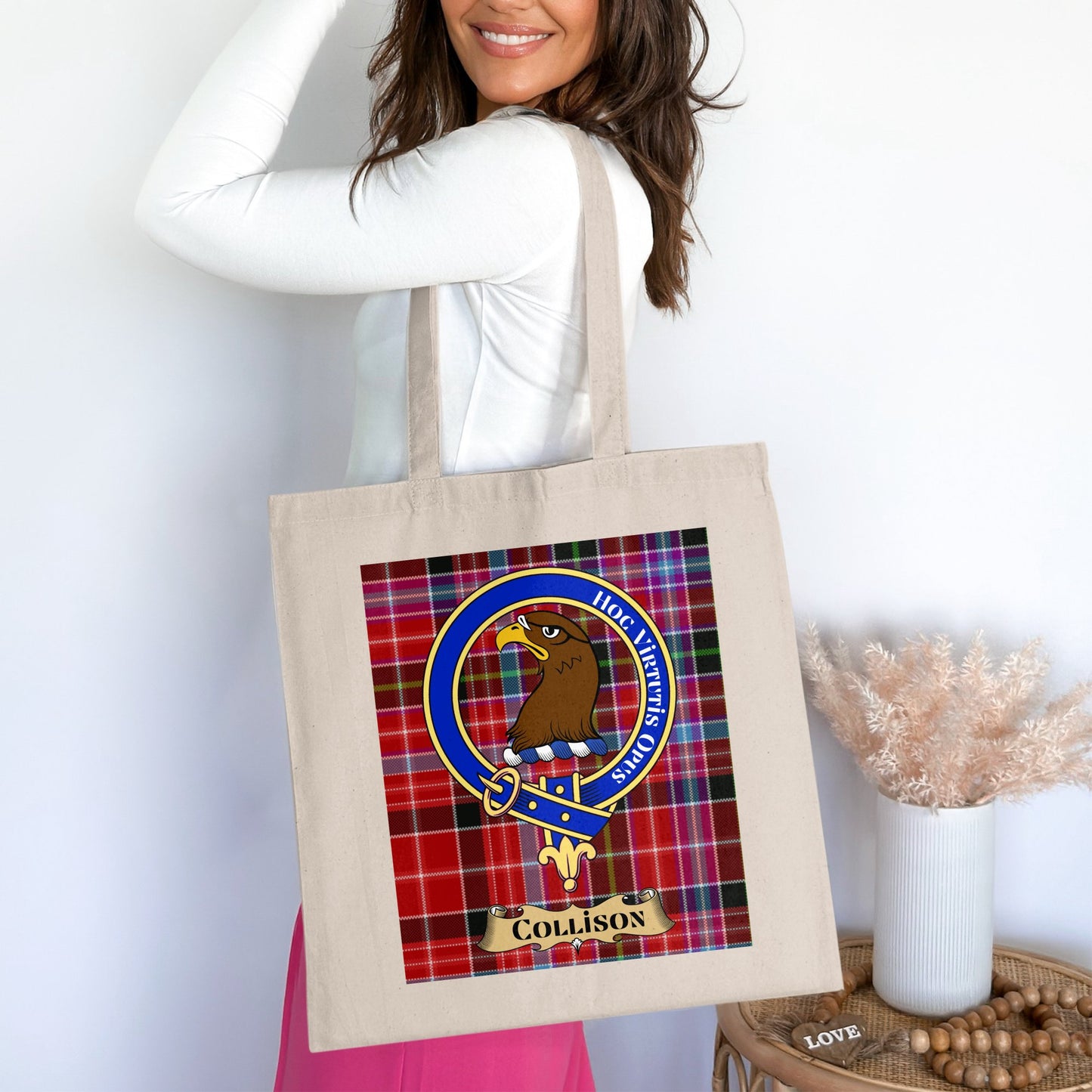 Collison Clan Crest Scottish Tartan Background Tote Bag - Living Stone Gifts