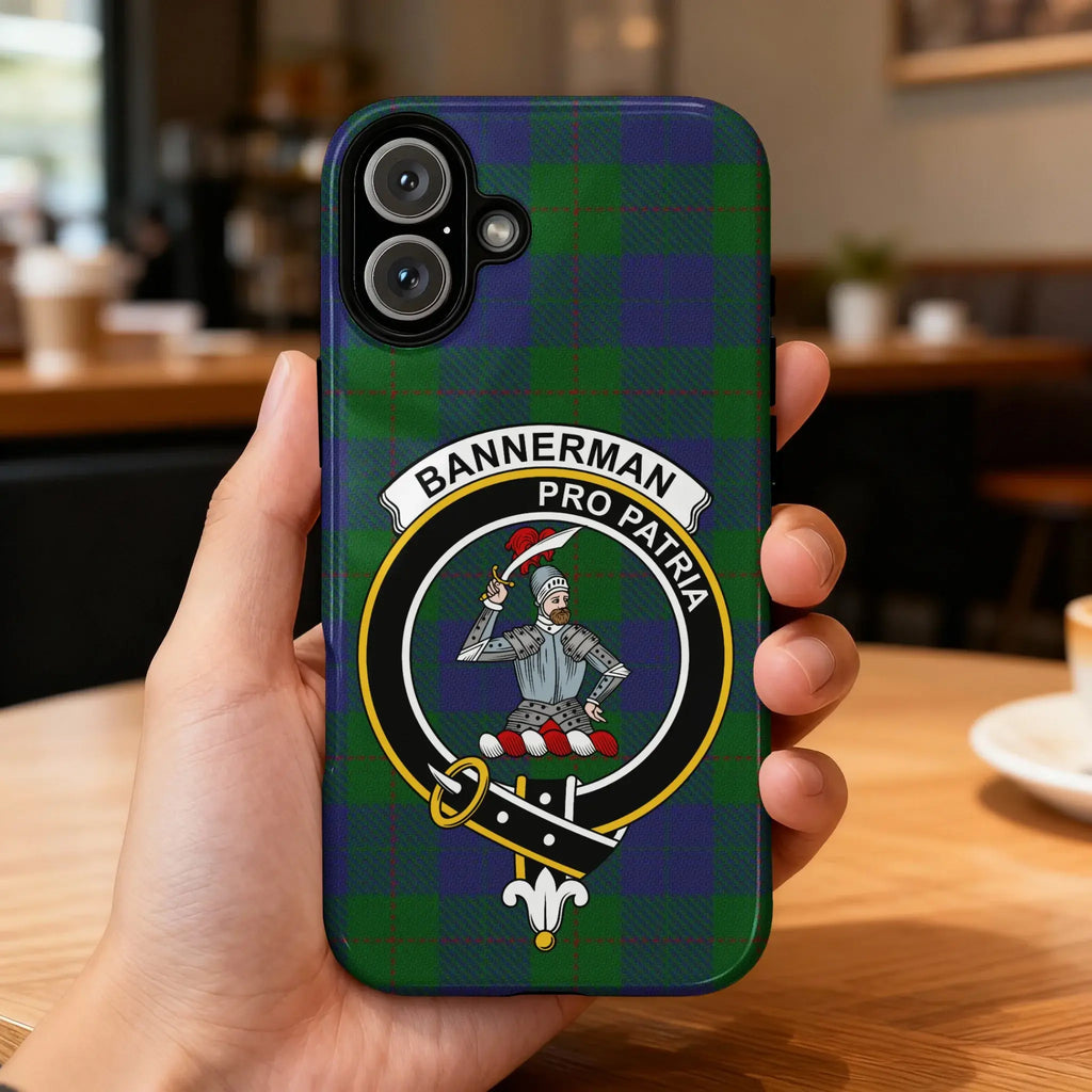Clan Bannerman pro patria Scottish tartan phone case — glossy edge-to-edge crest print, iPhone shown