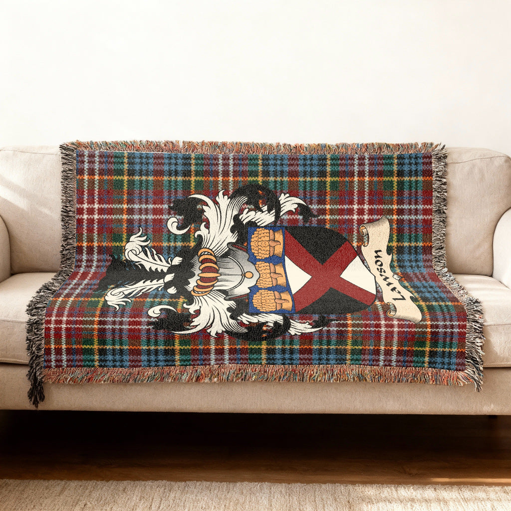 Lawson Scottish woven blanket with family shield and Caledonia tartan background