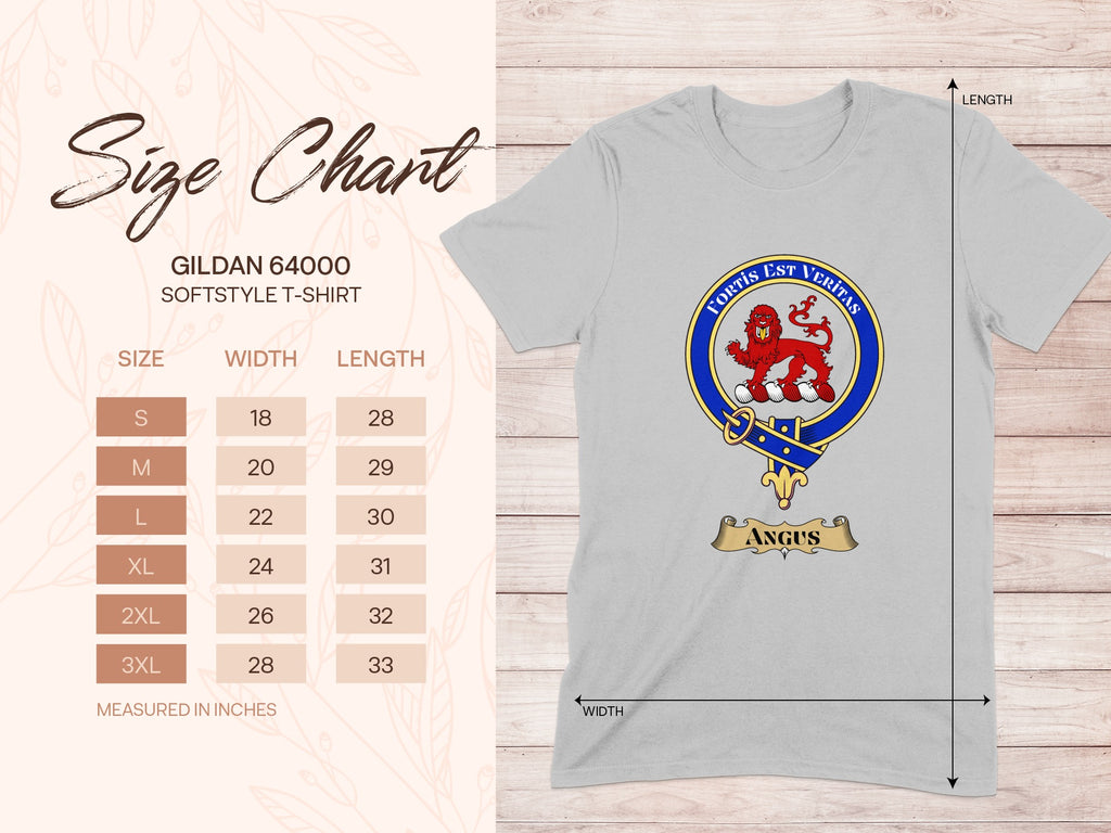 Gildan 64000 size chart for Angus Scottish clan crest T-shirt