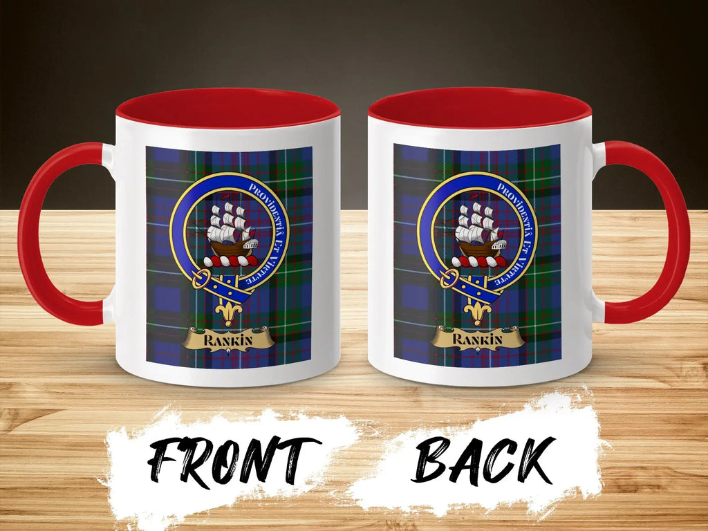 Rankin tartan-background crest mug shown as a Scottish heritage gift