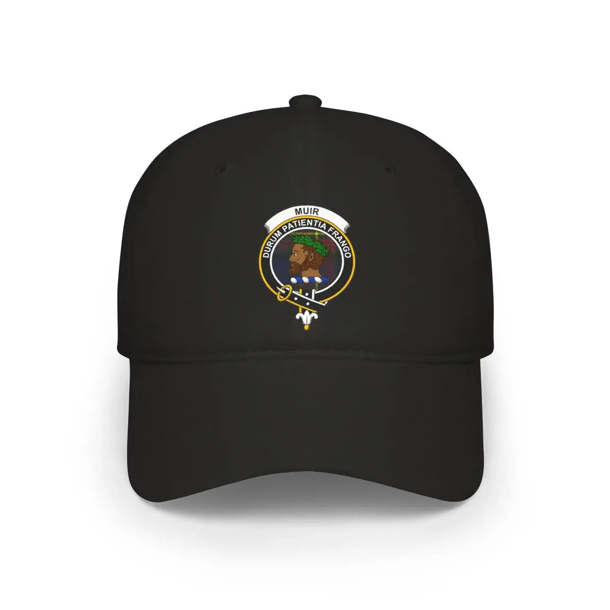 Clan Muir Durum Patientia Frango crest tartan baseball cap in black — printed cotton low-profile hat