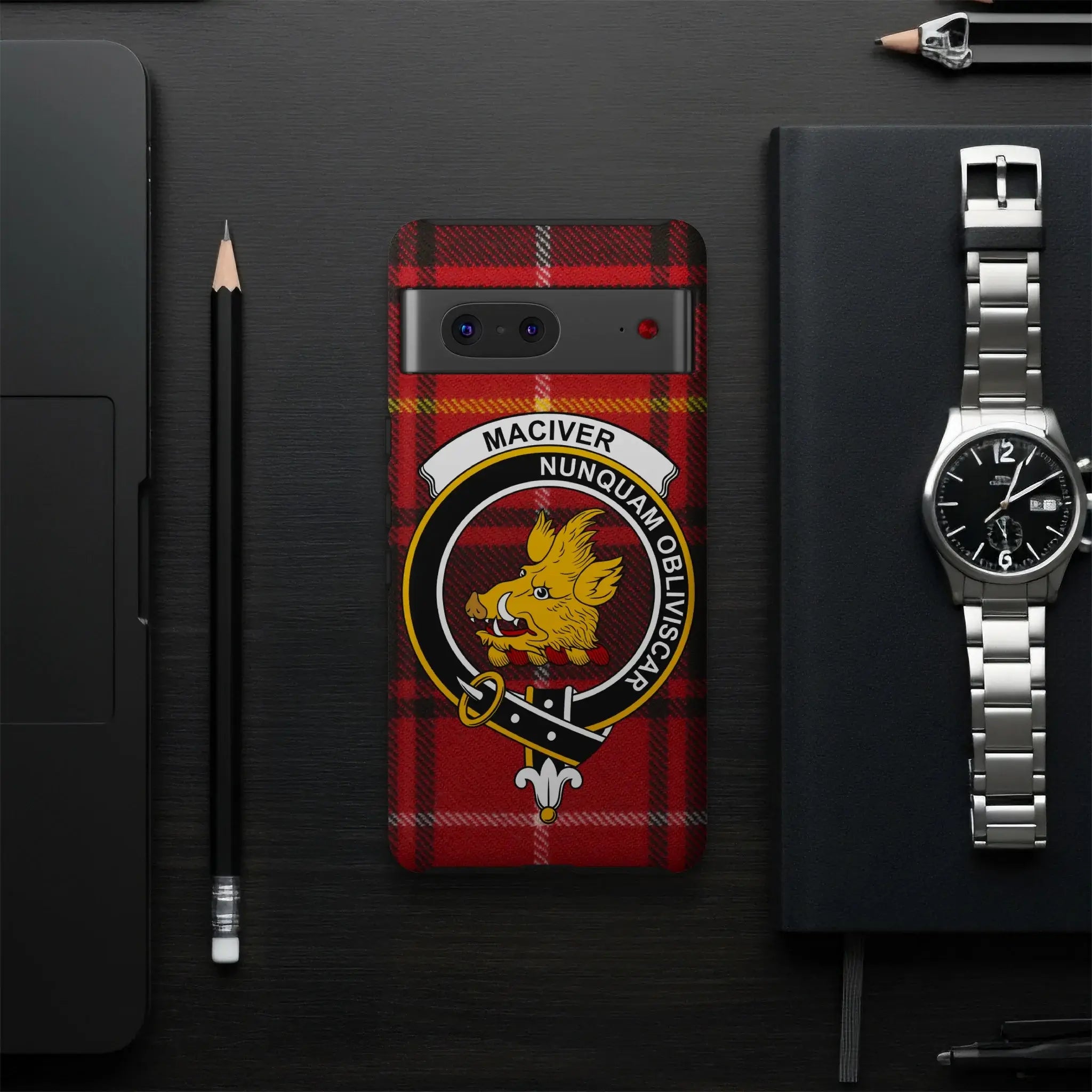 MacIver clan crest tartan phone case — slim glossy UV-resistant Nunquam Obliviscar wrap