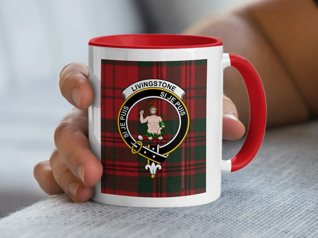 Clan Livingstone Si Je Puis tartan crest mug — 15 oz navy handle, glossy ceramic