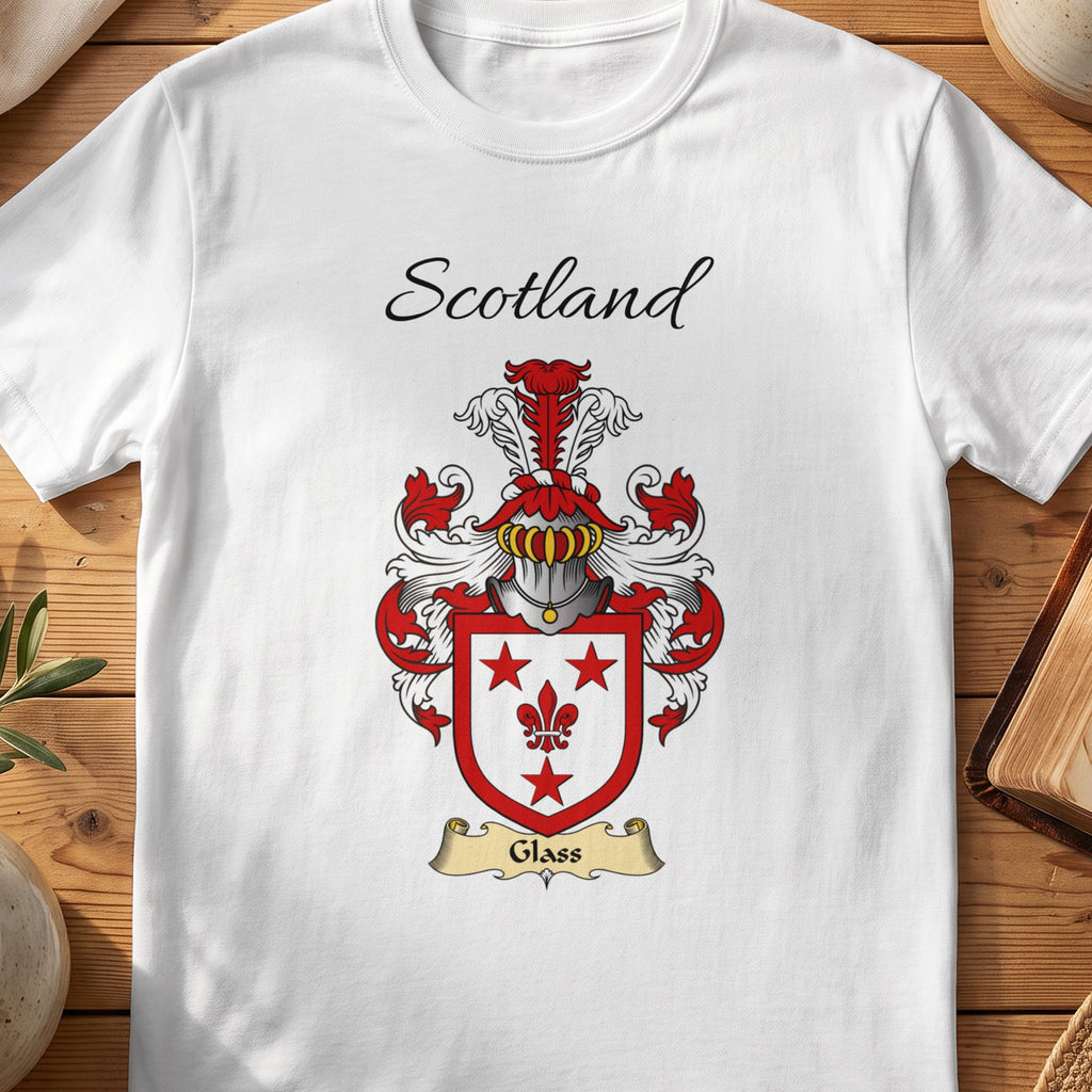 White Glass Scottish family shield T-shirt featuring red stars and a fleur-de-lis on white