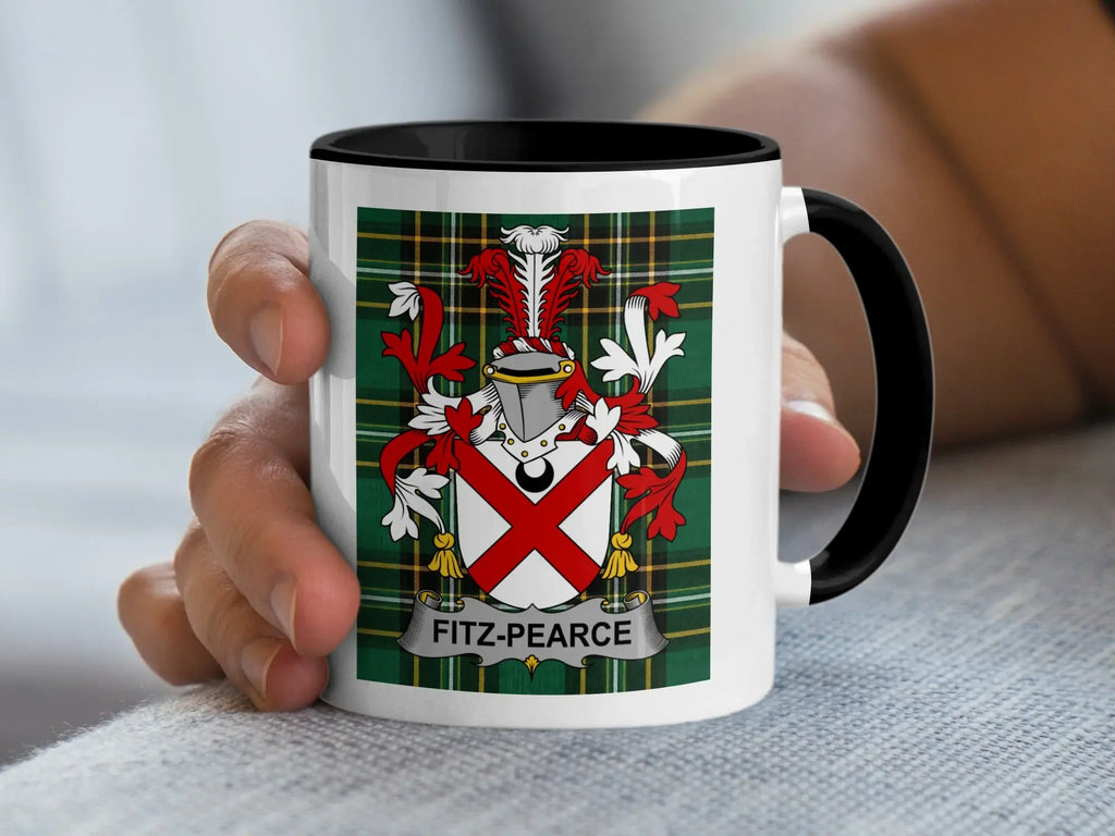 Fitz-Pearce Irish heritage mug with black handle and family crest