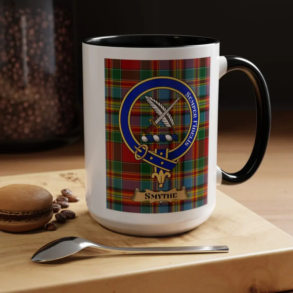 Close-up of the Smythe clan crest printed on a ceramic mug