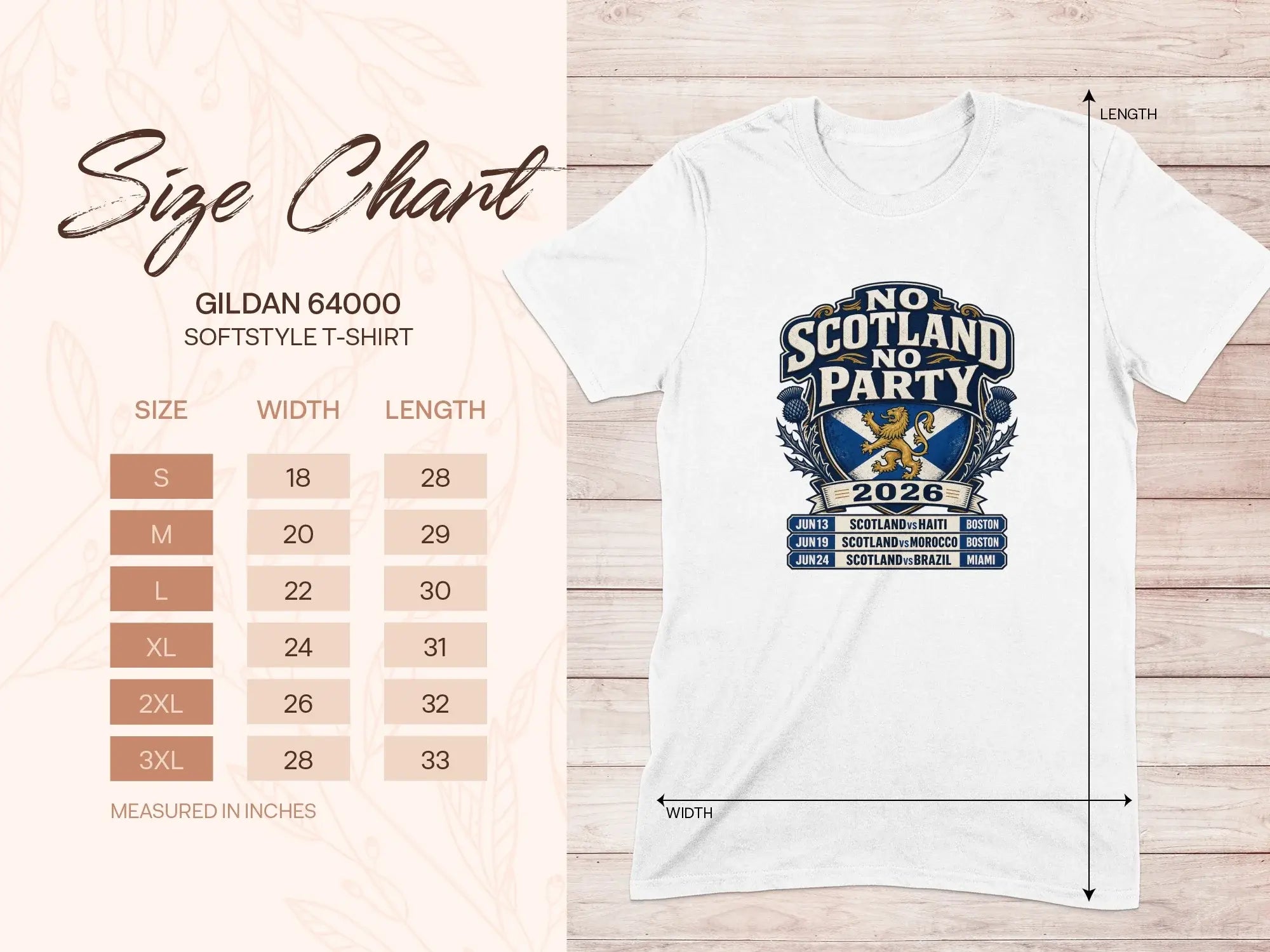 Gildan 64000 size chart for a "No Scotland No Party" t-shirt.