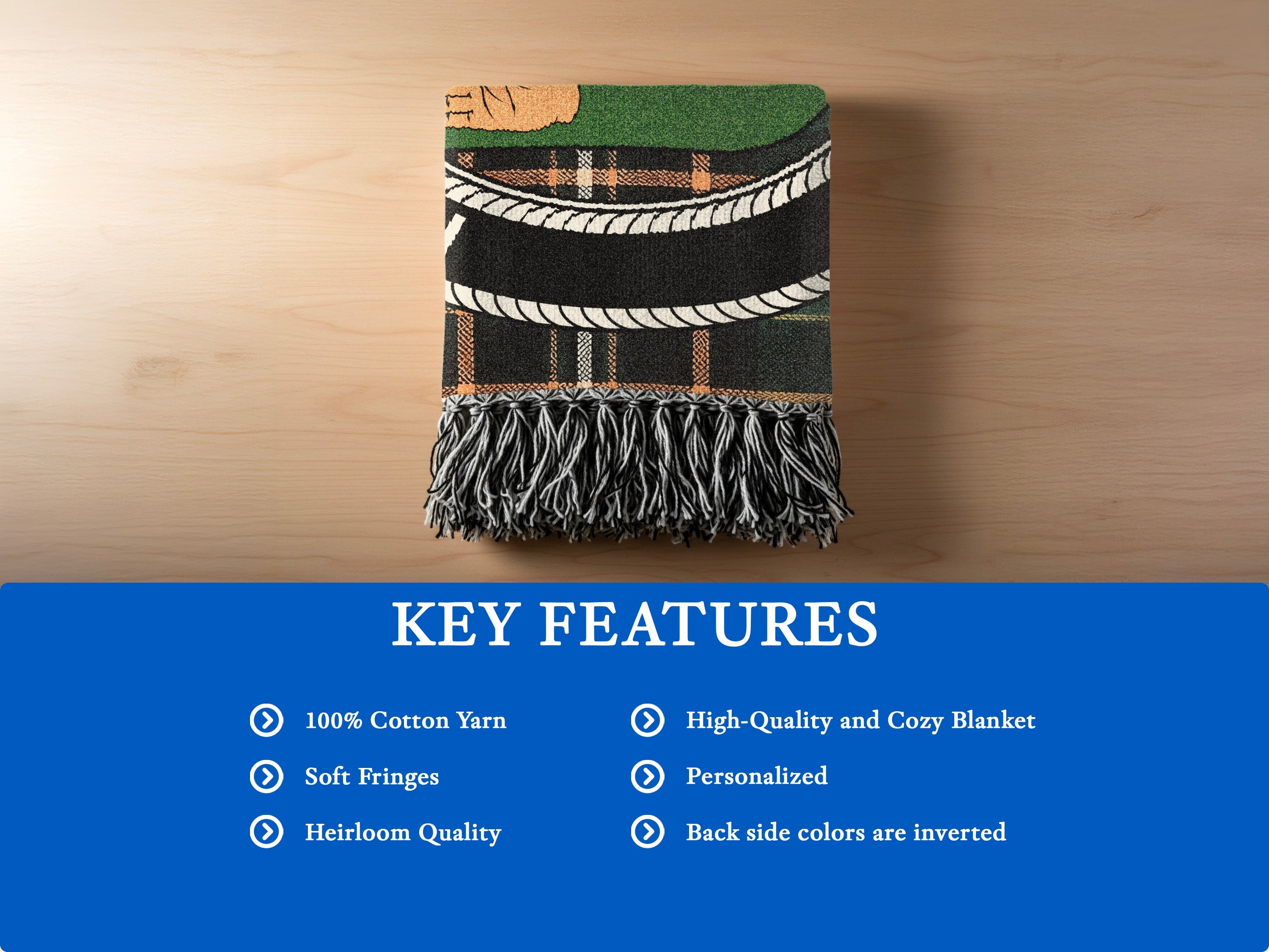 O'Keeffe cotton woven blanket detail with decorative fringed edges