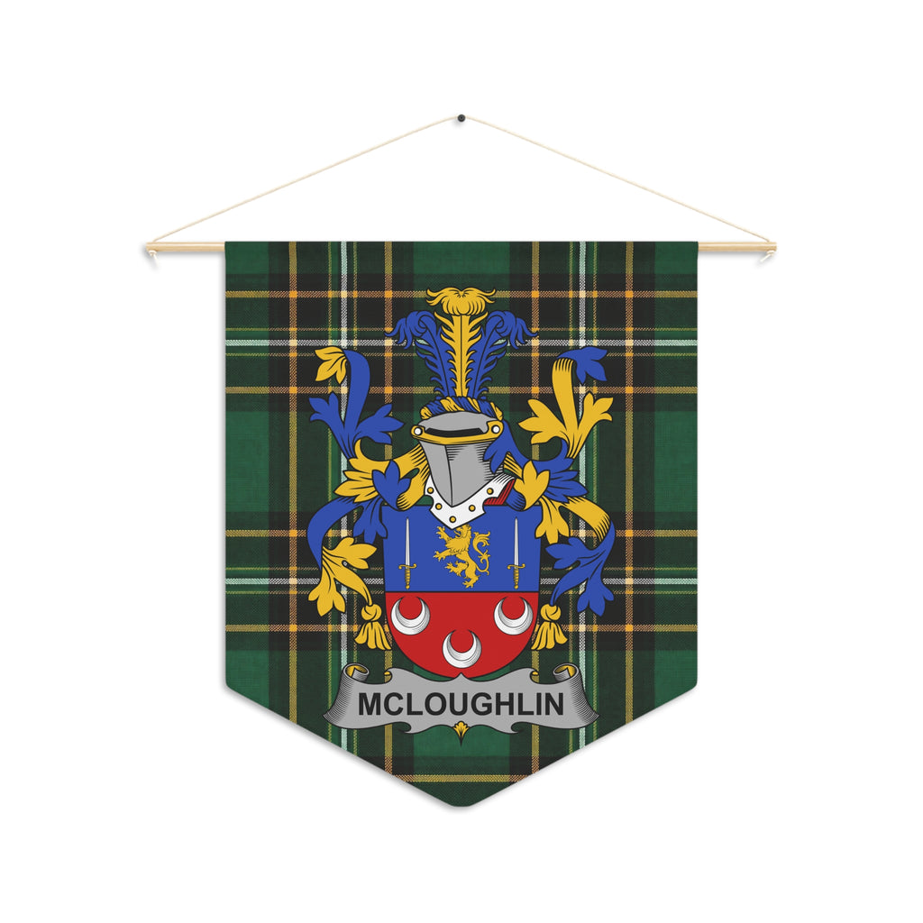 McLoughlin family crest on green plaid pennant banner.