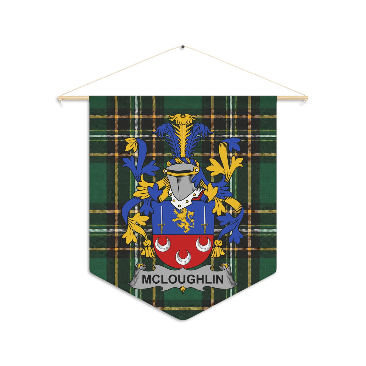 McLoughlin family crest on green plaid pennant banner.