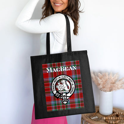 MacBean Scottish Crest on Tartan Background Tote Bag - Living Stone Gifts