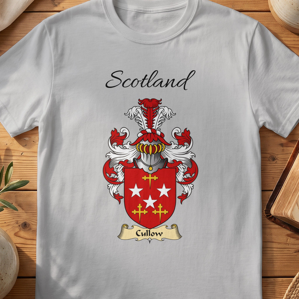 Sport Grey Cullow Scottish family shield T-shirt featuring white stars and gold crosses on red
