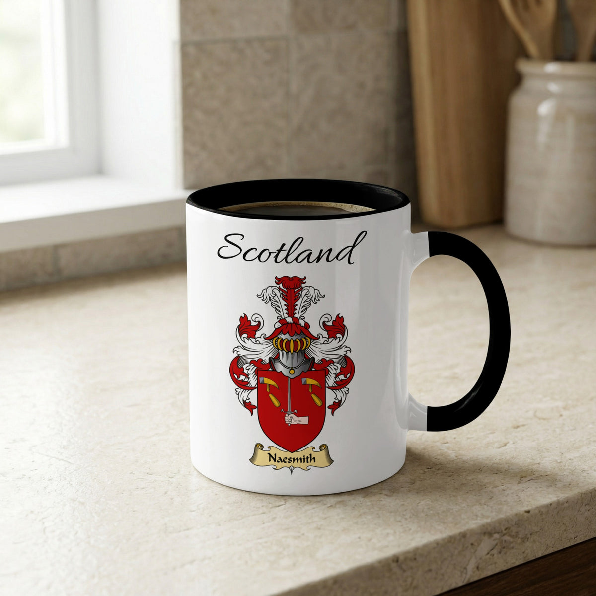 Naesmith Scottish family crest accent mug with Scotland lettering and coat of arms artwork