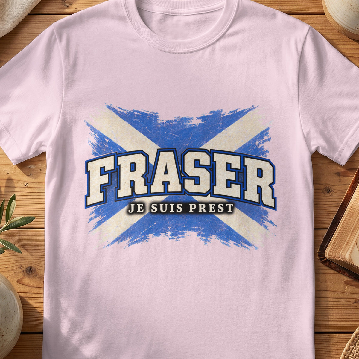 Fraser Scottish Saltire T-shirt in Light Pink, with distressed blue and cream flag and “Je Suis Prest” lettering.