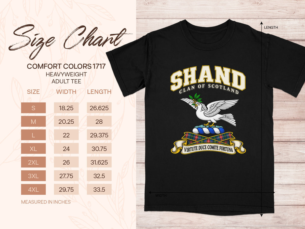 Comfort Colors 1717 size chart for the Shand Scottish clan T-shirt, adult sizes S–4XL.