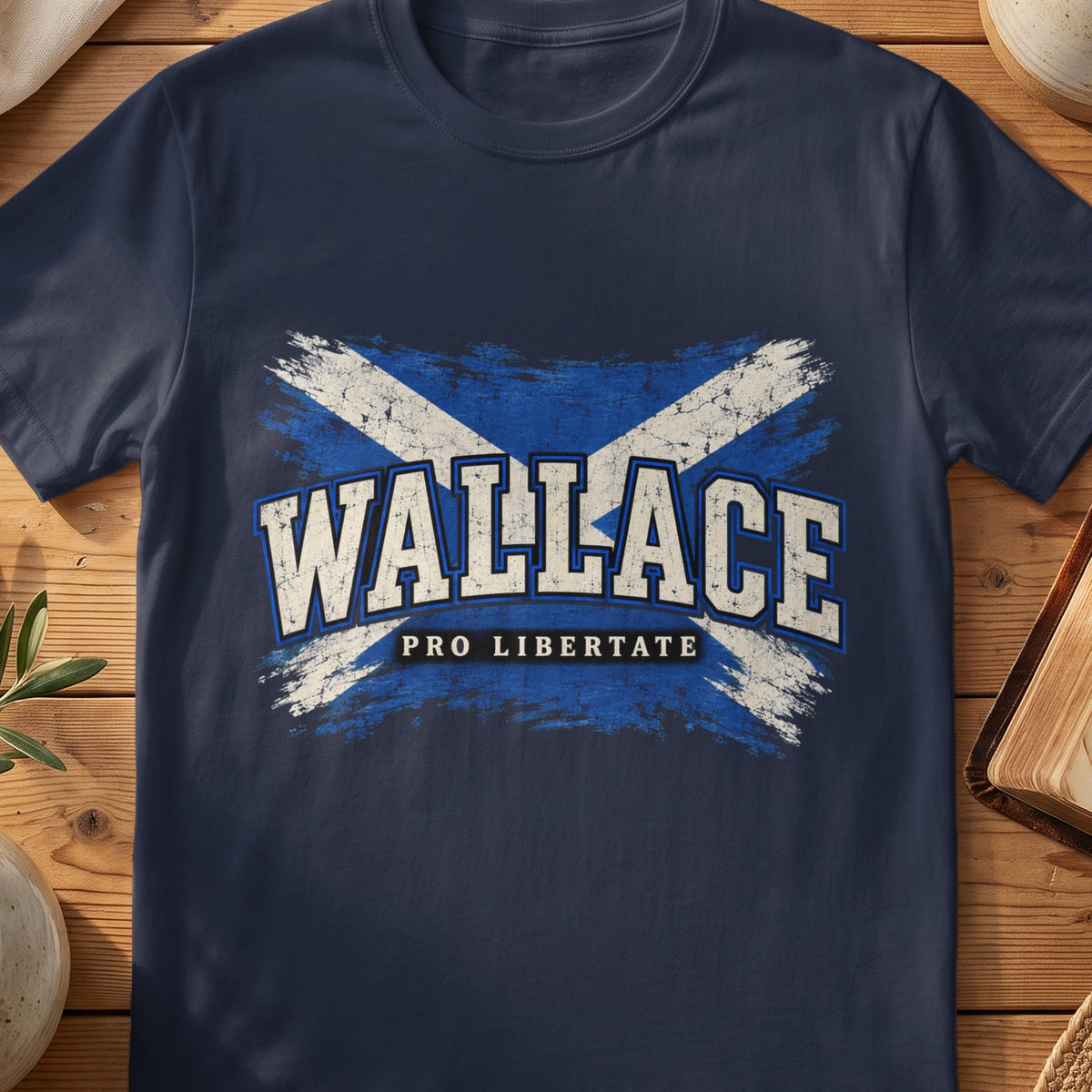 Wallace Scottish Saltire T-shirt in Navy, with distressed blue and cream flag and “Pro Libertate” lettering.