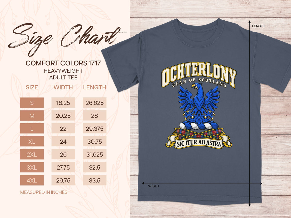 Comfort Colors 1717 size chart for the Ochterlony Scottish clan T-shirt, adult sizes S–4XL.