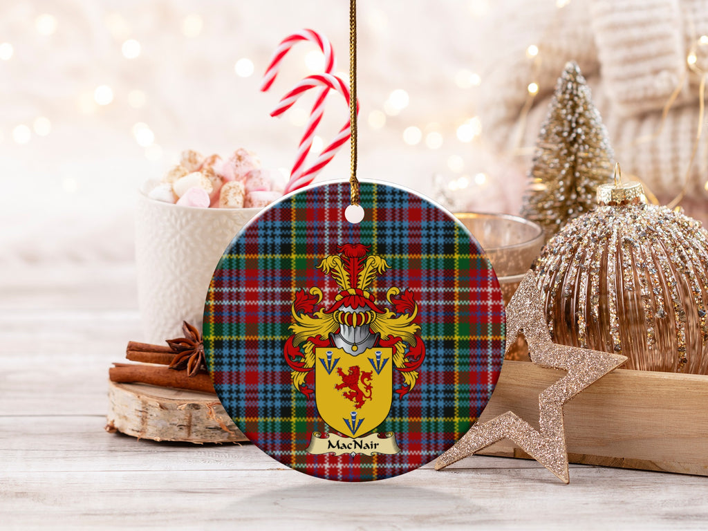 Double-sided MacNair ceramic ornament with family shield and Caledonia tartan background