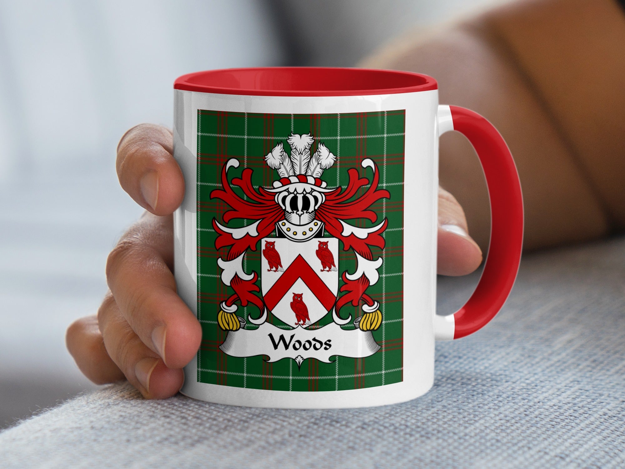 Woods Welsh family crest mug on Welsh National Tartan