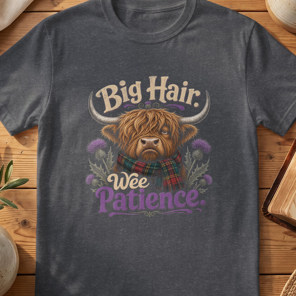 Dark grey Gildan 64000 unisex T-shirt flatlay with Big Hair Wee Patience Scottish graphic design