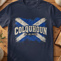 Colquhoun Scottish Saltire T-shirt in Navy, with distressed blue and cream flag and “Si Je Puis” lettering.