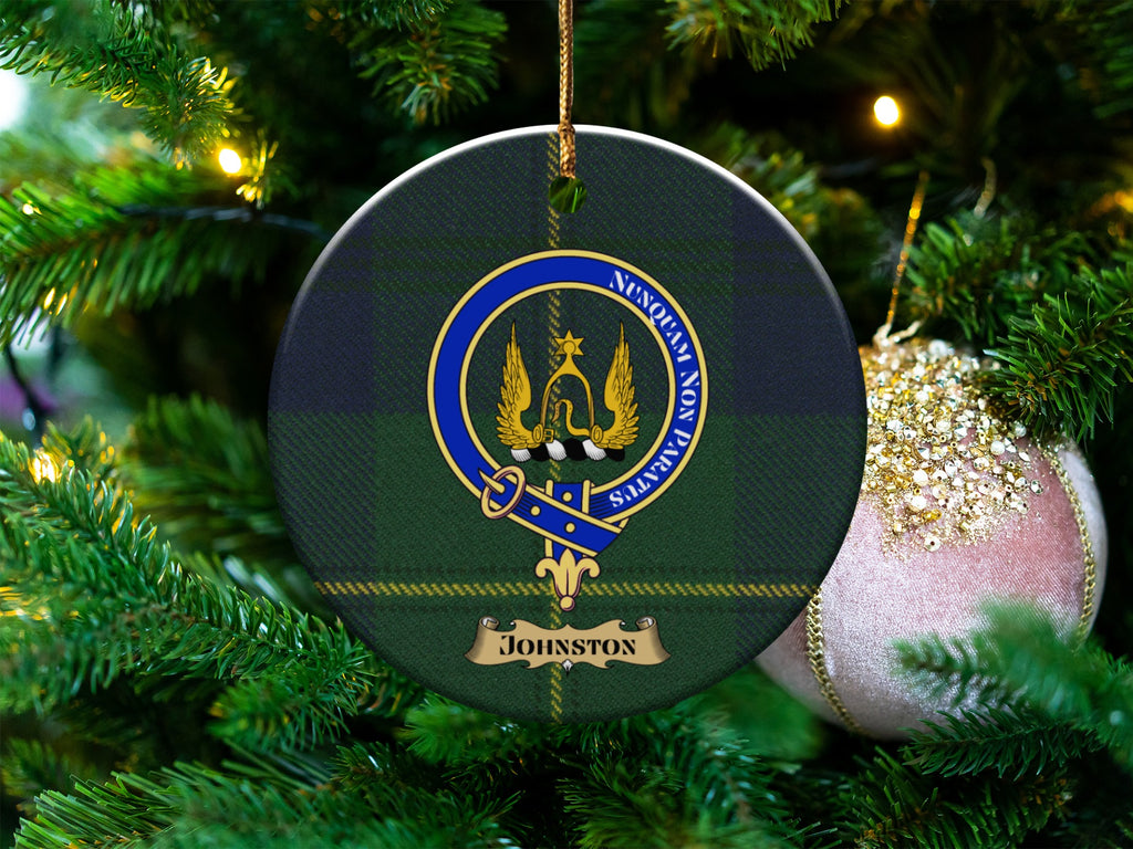 Johnston clan crest tartan ceramic ornament hanging on a Christmas tree