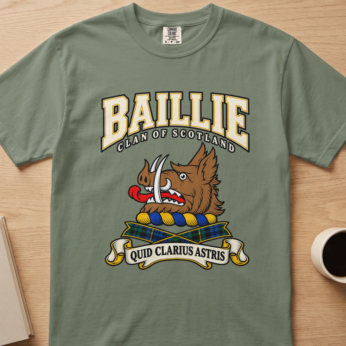 Baillie brown boar’s head with white tusks graphic on a sage green Comfort Colors T-shirt, front view