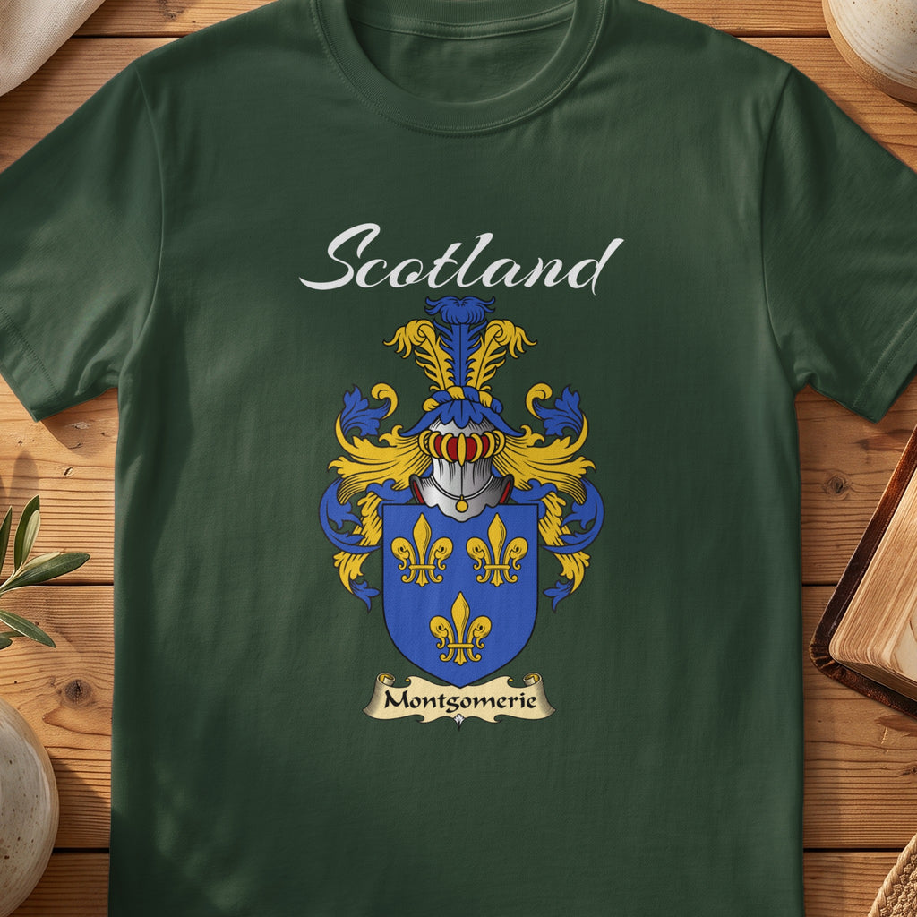 Forest Green Montgomerie Scottish T-shirt featuring three gold fleurs-de-lis on a blue shield