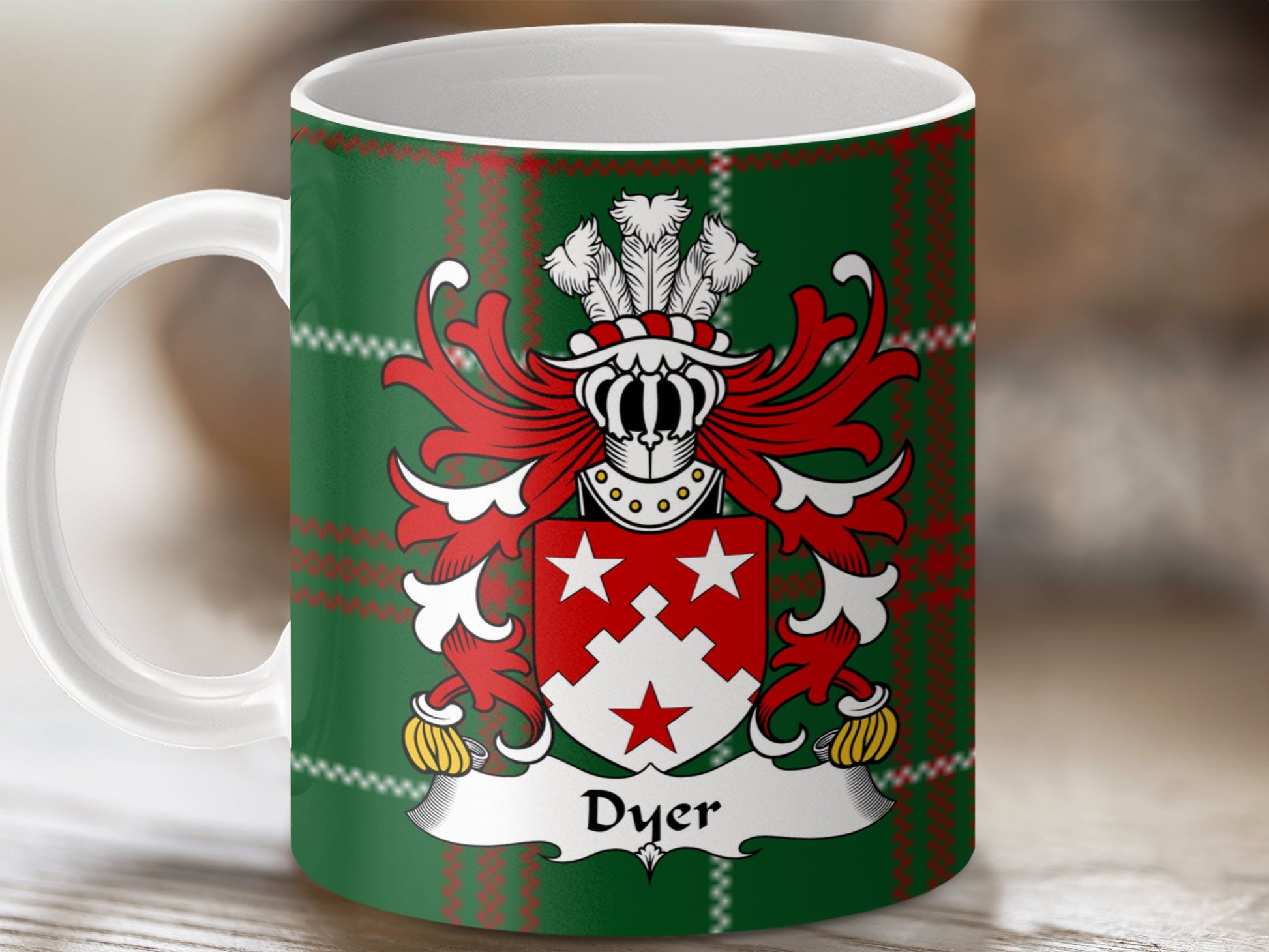 Dyer Surname Coat of Arms on Tartan Background Mug - Living Stone Gifts