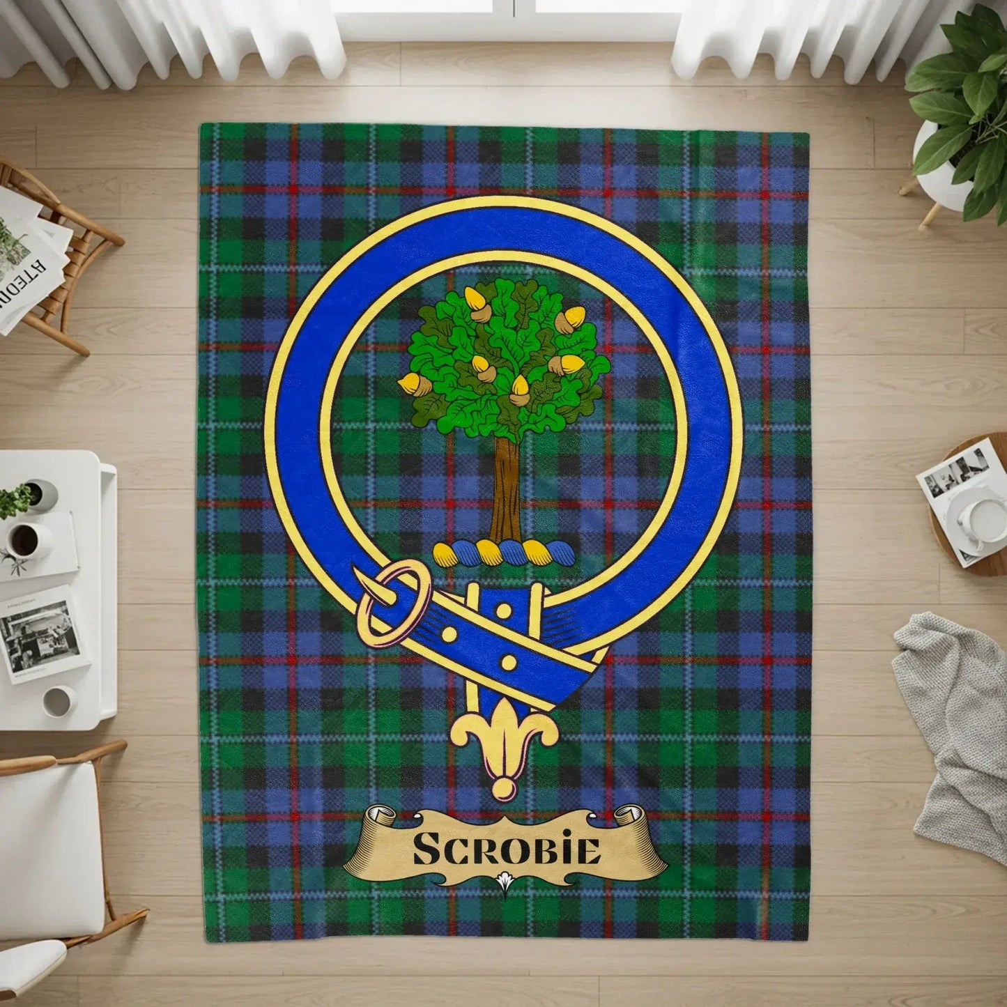 Clan Scrobie Crest and Tartan Plaid Rug product type