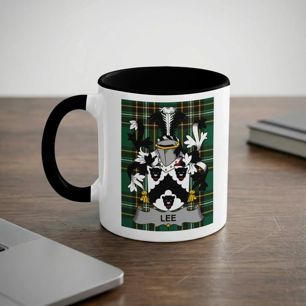 White mug with black rim and handle displaying the LEE family crest.